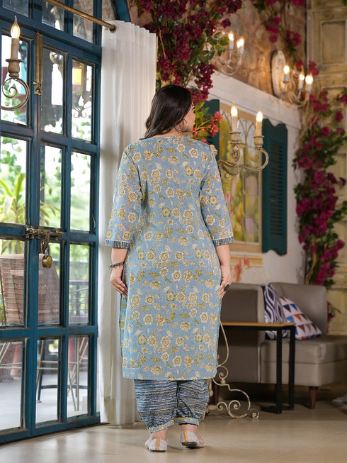 Women Plus Size Blue Pure Cotton Kurta Set With Dupatta